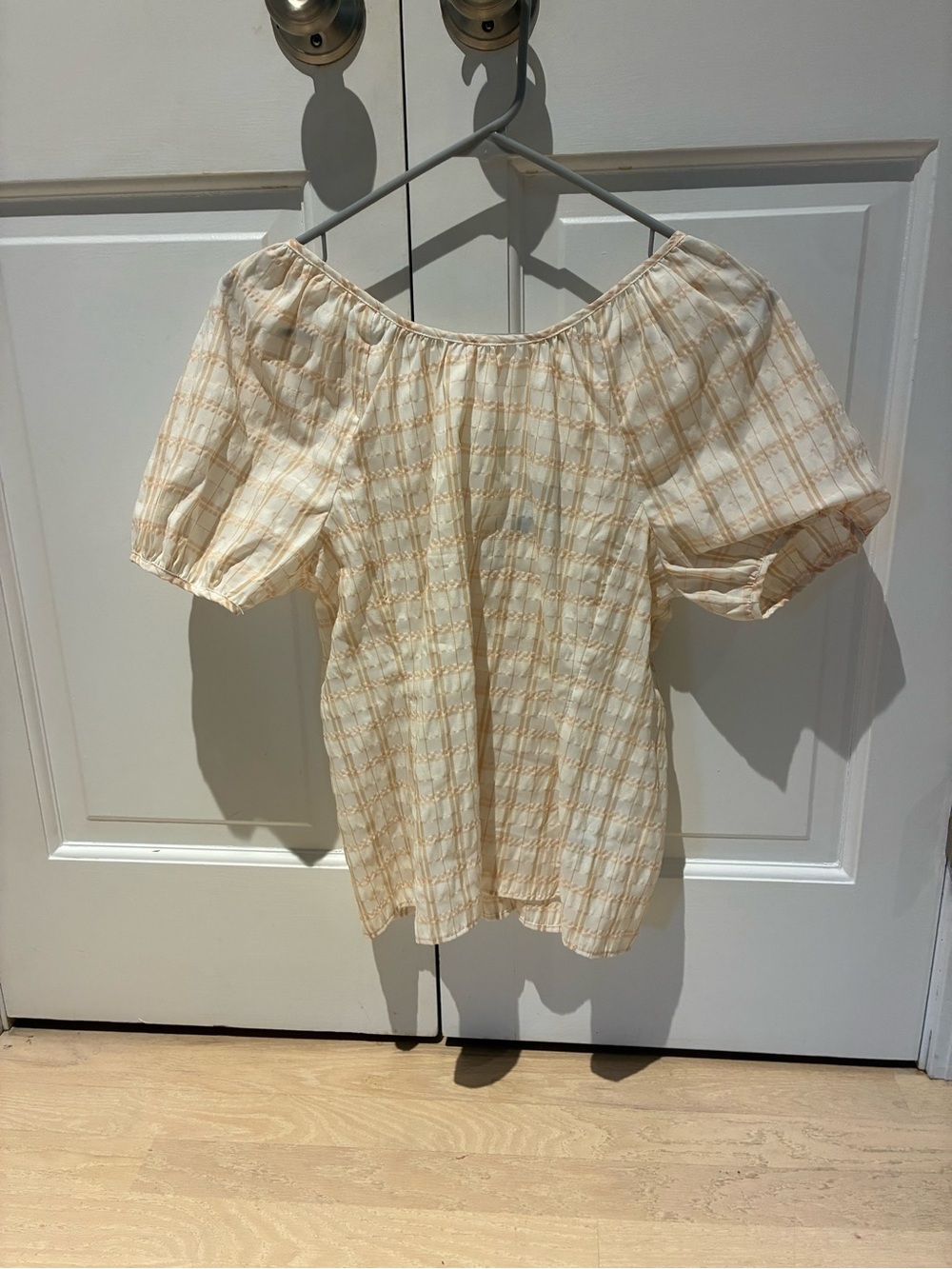 J. Crew Cream and Tan Plaid Off-Shoulder Top